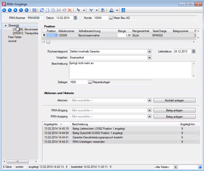 SelectLine RMA Detailansicht Position