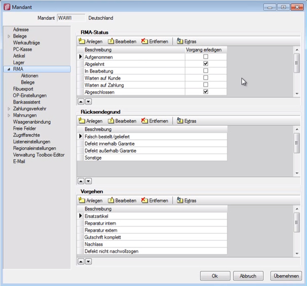 SelectLine RMA Mandanteneinstellungen