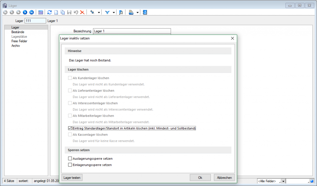 Lager inaktiv setzten mit Bestand