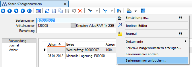 Seriennummer umbuchen