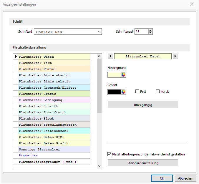 Druckvorlagen-Syntax-Highlighting-Einstellungen