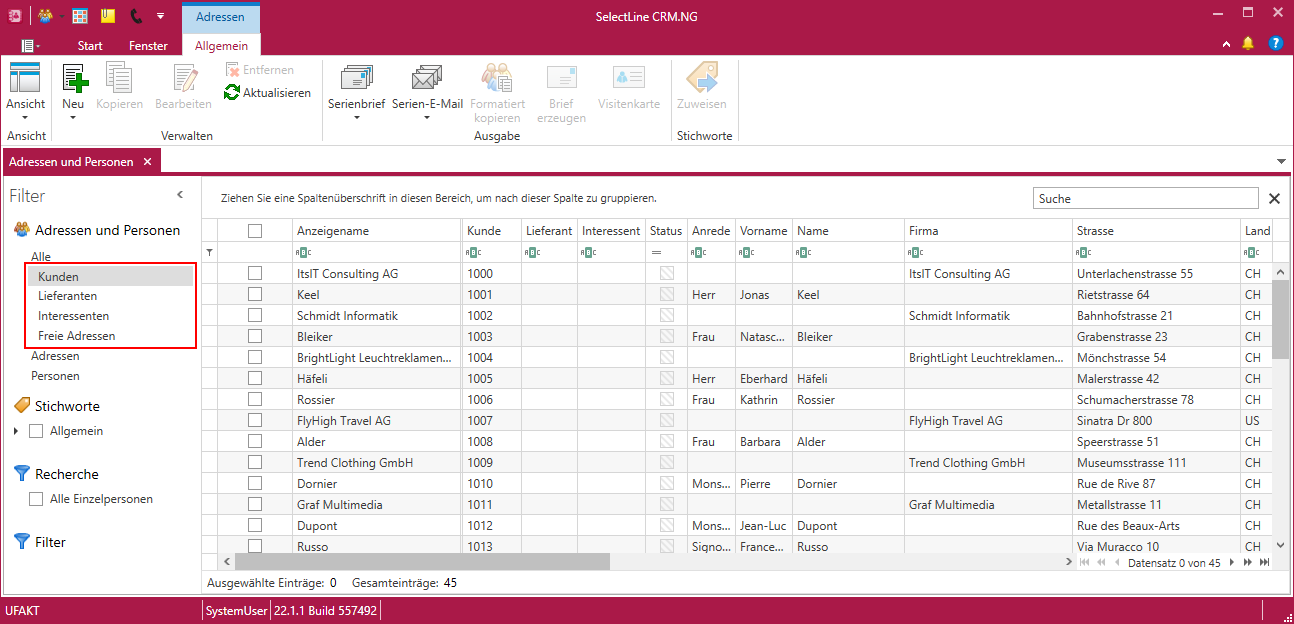 Standardfilter für Adressen im CRM