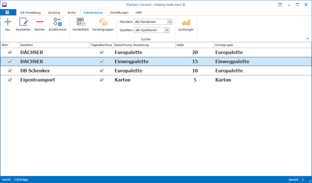 Palettenkonto ShipXpert
