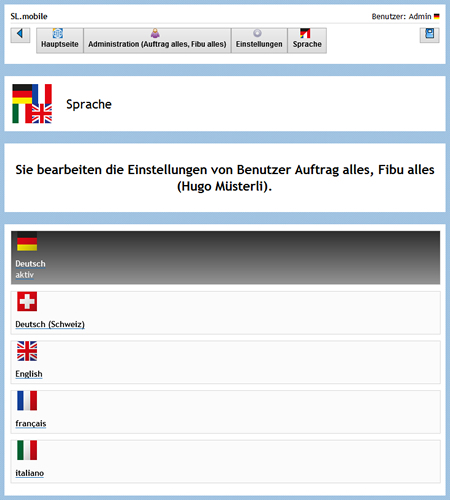 SL.mobile ist mehrsprachig. Jeder Benutzer kann selbst auswählen, in welcher Sprache das SL.mobile für ihn angezeigt werden soll. Folgende Sprachen sind derzeit verfügbar: Deutsch, Deutsch (Schweiz), Französisch (Schweiz), Italienisch (Schweiz) und Englisch.