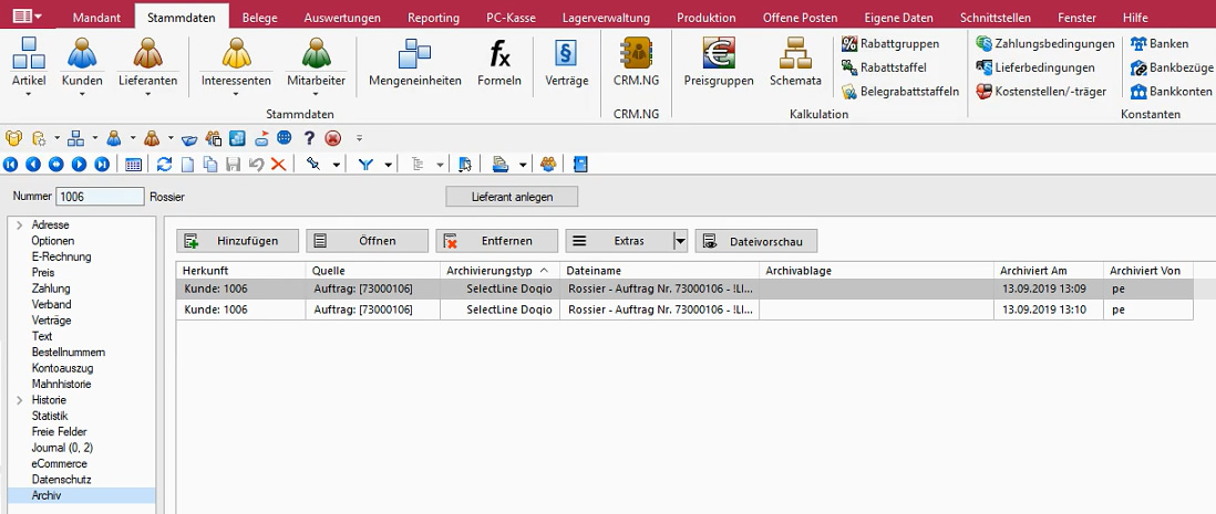 Auch im SelectLine Auftrag sind die archivierten Belege in den Kundenstammdaten unter Archiv ersichtlich, inklusive aller Versionen.