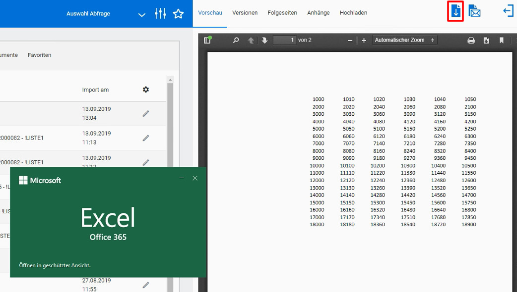 Hier im Beispiel wird die Excel-Tabelle in der Vorschau per PDF View angezeigt. Das Dokument kann aber auch heruntergeladen und im Originalformat (hier Excel) geöffnet werden.